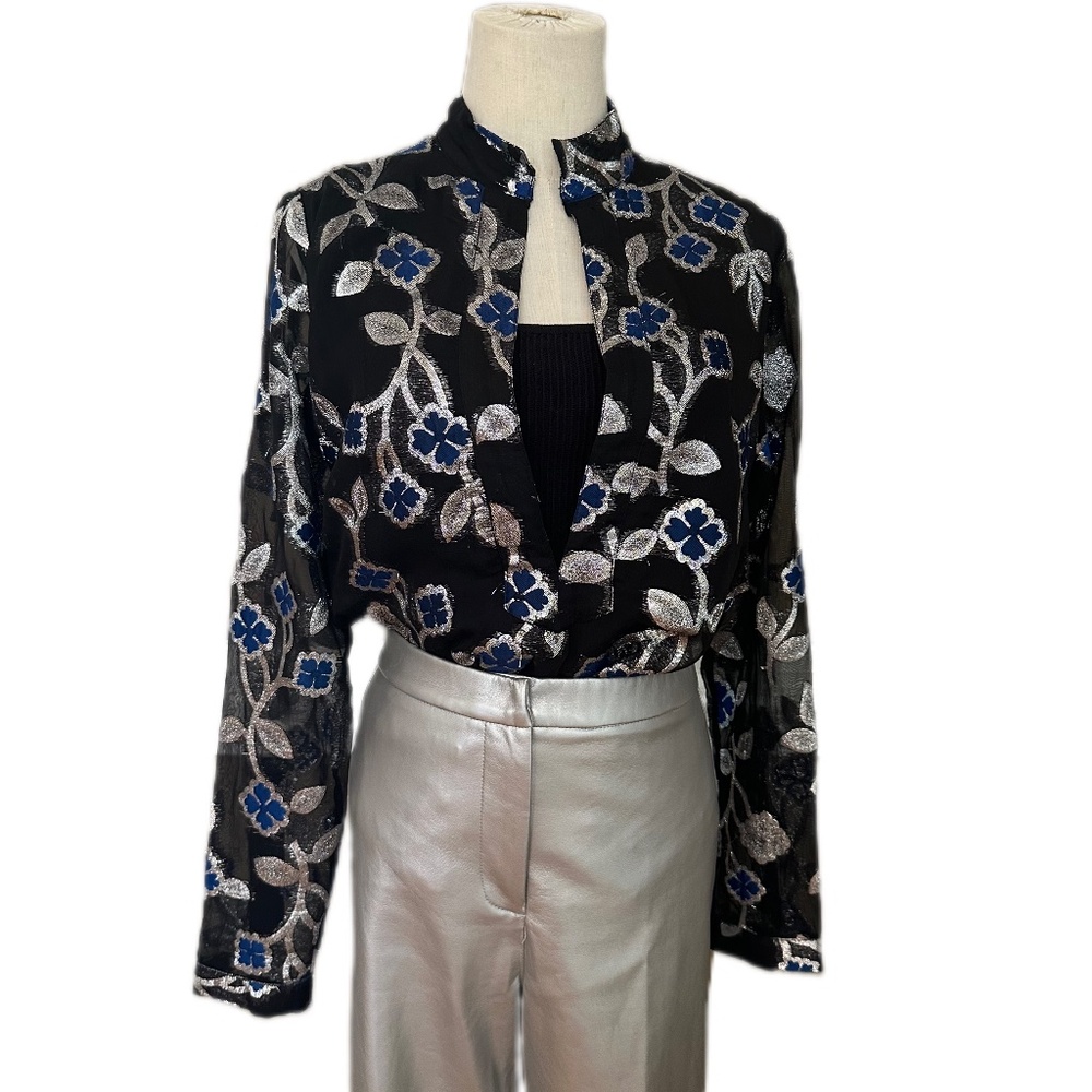 Dodo Bar Or Black Silver Blue Blouse Fully Lined Belt/Scarf Size 42/Med